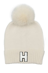 Letter H Chenille Patch Faux Fur Pom Knit Beanie