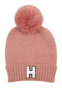 Letter H Chenille Patch Faux Fur Pom Knit Beanie