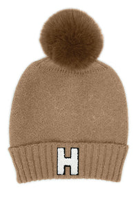 Letter H Chenille Patch Faux Fur Pom Knit Beanie