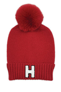 Letter H Chenille Patch Faux Fur Pom Knit Beanie