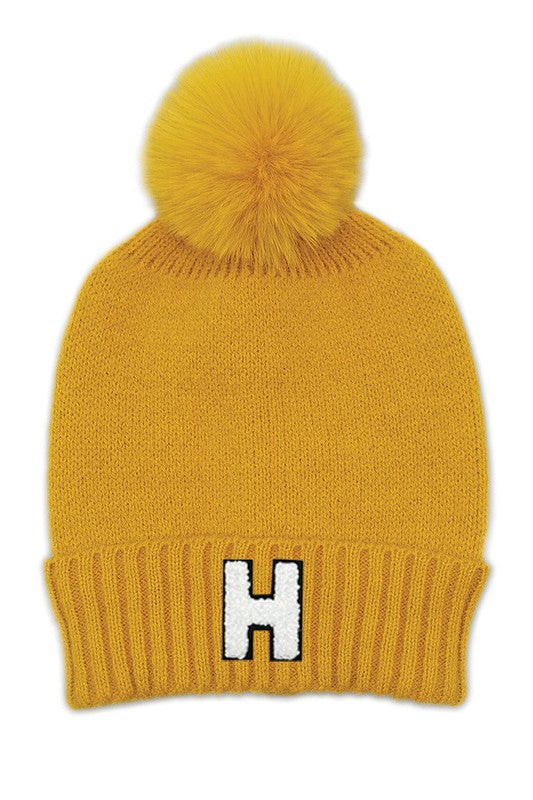 Letter H Chenille Patch Faux Fur Pom Knit Beanie