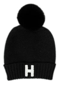 Letter H Chenille Patch Faux Fur Pom Knit Beanie