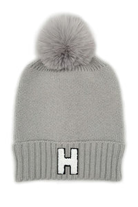 Letter H Chenille Patch Faux Fur Pom Knit Beanie