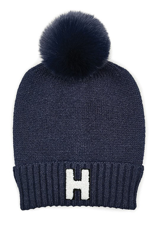 Letter H Chenille Patch Faux Fur Pom Knit Beanie