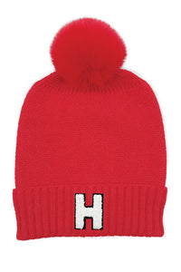 Letter H Chenille Patch Faux Fur Pom Knit Beanie