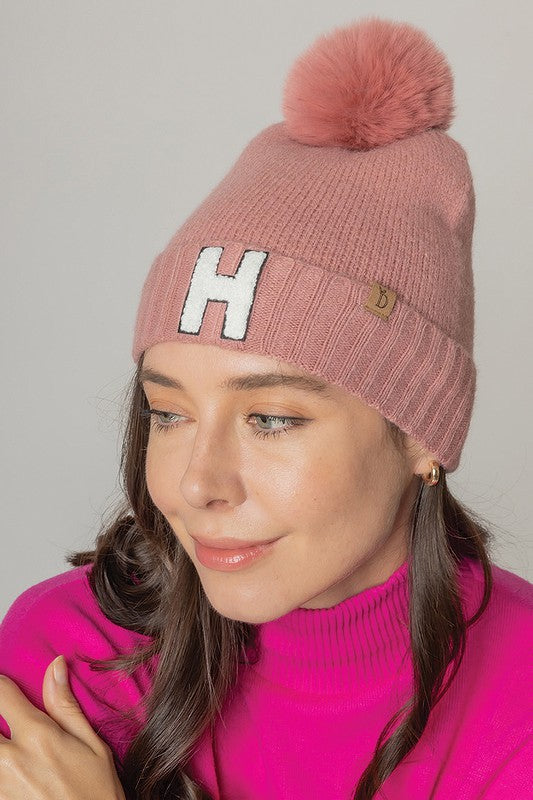 Letter H Chenille Patch Faux Fur Pom Knit Beanie