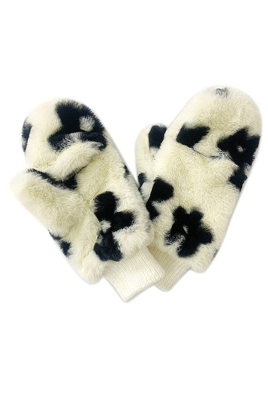 Floral Print Faux Fur Mittens