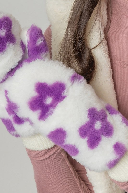 Floral Print Faux Fur Mittens