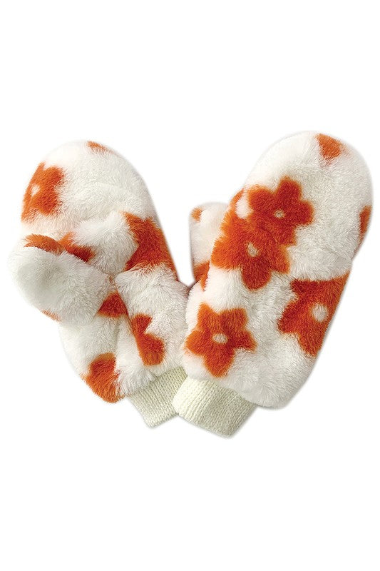 Floral Print Faux Fur Mittens