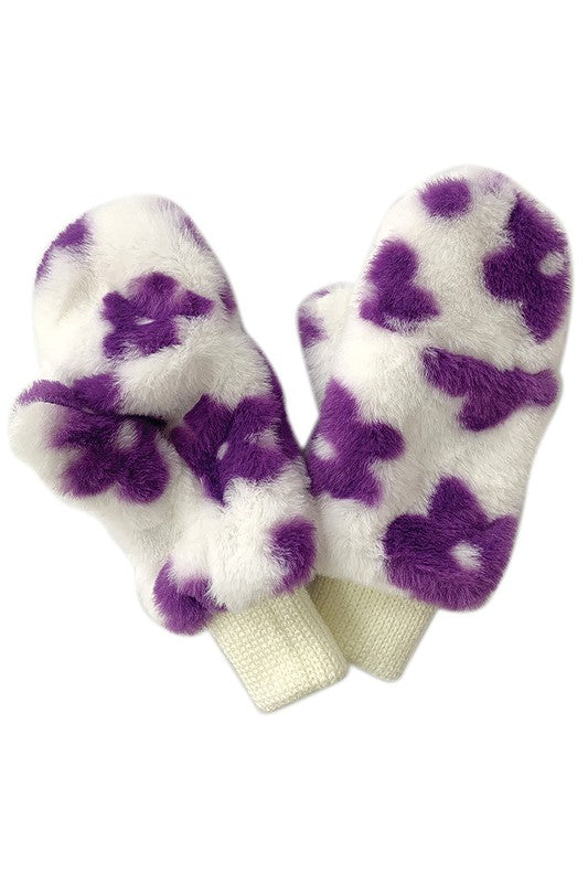 Floral Print Faux Fur Mittens