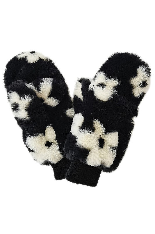 Floral Print Faux Fur Mittens