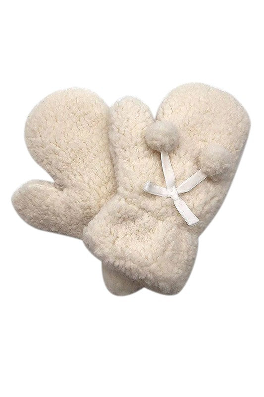 Solid Sherpa Mittens with Velvet Ribbon