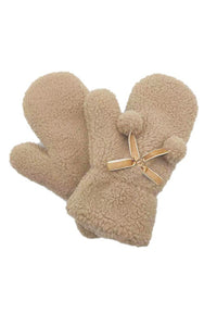 Solid Sherpa Mittens with Velvet Ribbon