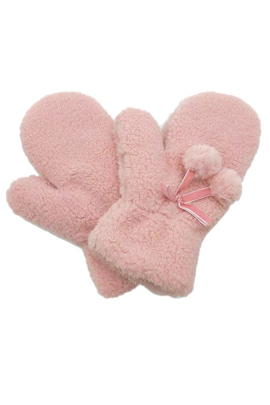 Solid Sherpa Mittens with Velvet Ribbon