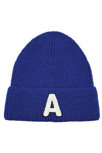 Letter A Chenille Patch Ribbed Cuff Beanie Hat