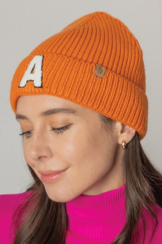 Letter A Chenille Patch Ribbed Cuff Beanie Hat