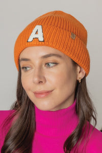 Letter A Chenille Patch Ribbed Cuff Beanie Hat