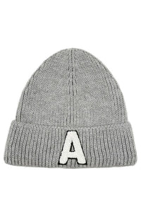 Letter A Chenille Patch Ribbed Cuff Beanie Hat