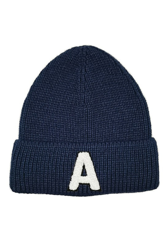 Letter A Chenille Patch Ribbed Cuff Beanie Hat