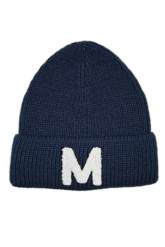 Letter M Chenille Patch Ribbed Cuff Beanie Hat