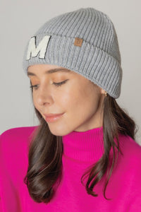 Letter M Chenille Patch Ribbed Cuff Beanie Hat