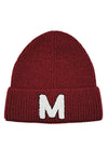 Letter M Chenille Patch Ribbed Cuff Beanie Hat