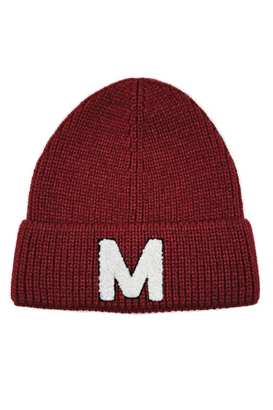 Letter M Chenille Patch Ribbed Cuff Beanie Hat