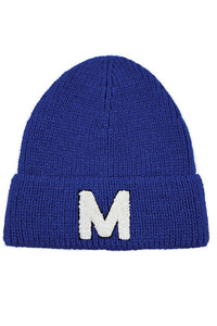 Letter M Chenille Patch Ribbed Cuff Beanie Hat