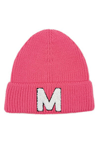 Letter M Chenille Patch Ribbed Cuff Beanie Hat