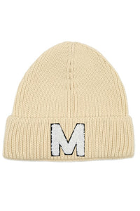 Letter M Chenille Patch Ribbed Cuff Beanie Hat