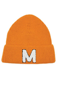 Letter M Chenille Patch Ribbed Cuff Beanie Hat