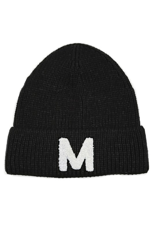 Letter M Chenille Patch Ribbed Cuff Beanie Hat