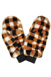 Checkered Faux Fur Mittens