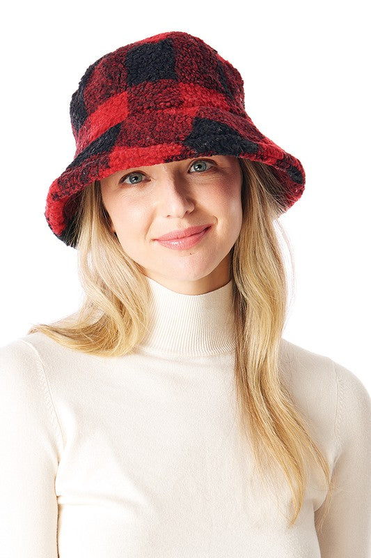 Plaid Faux Fur Bucket Hat