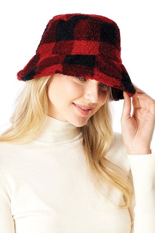 Plaid Faux Fur Bucket Hat