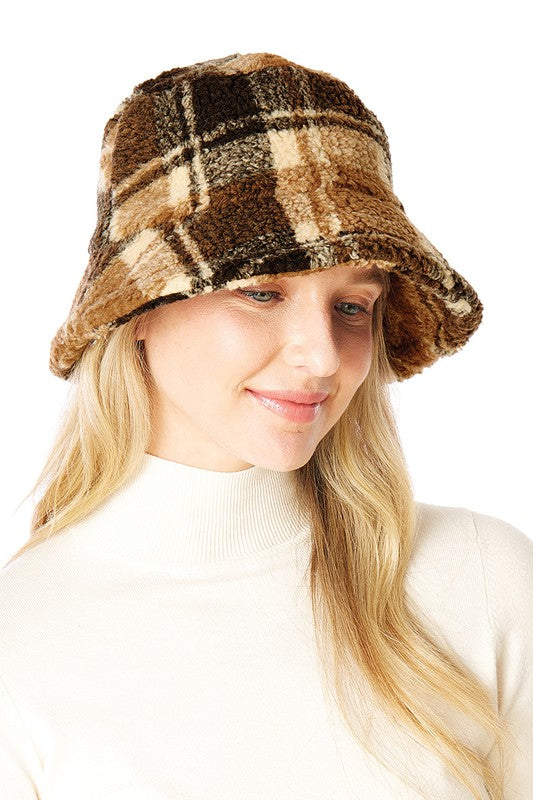 Plaid Faux Fur Bucket Hat