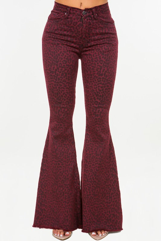 Leopard Bell Bottom Jean in Burgundy