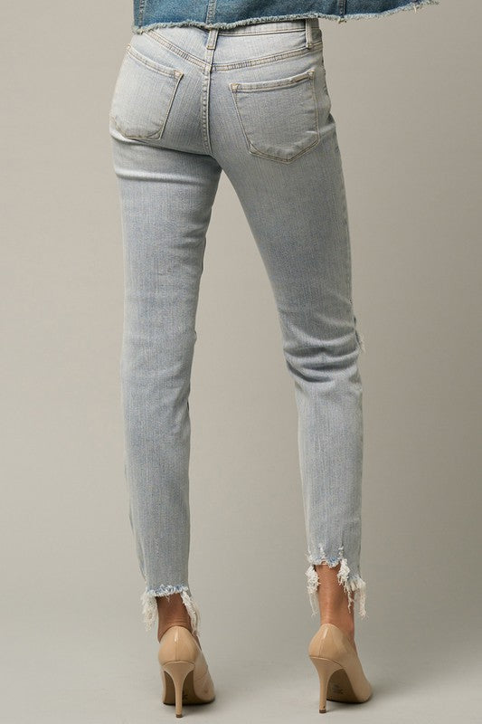 Mid Rise Frayed Hem Ripped Crop Skinny Jeans