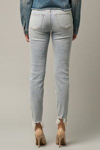 Mid Rise Frayed Hem Ripped Crop Skinny Jeans