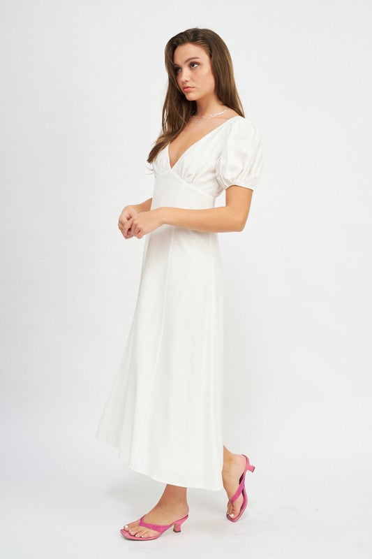 V NECK MAXI DRESS WITH PUFF SLEEVES