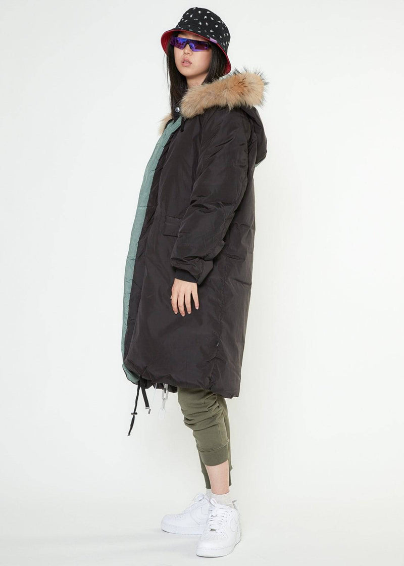 Konus Men's Long Duck Down Hooded Parka with Fur  - Black/Olive by Shop at Konus