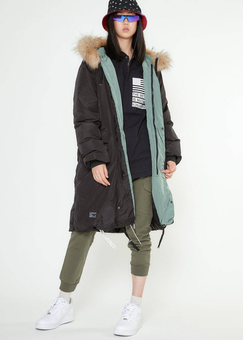 Konus Men's Long Duck Down Hooded Parka with Fur  - Black/Olive by Shop at Konus