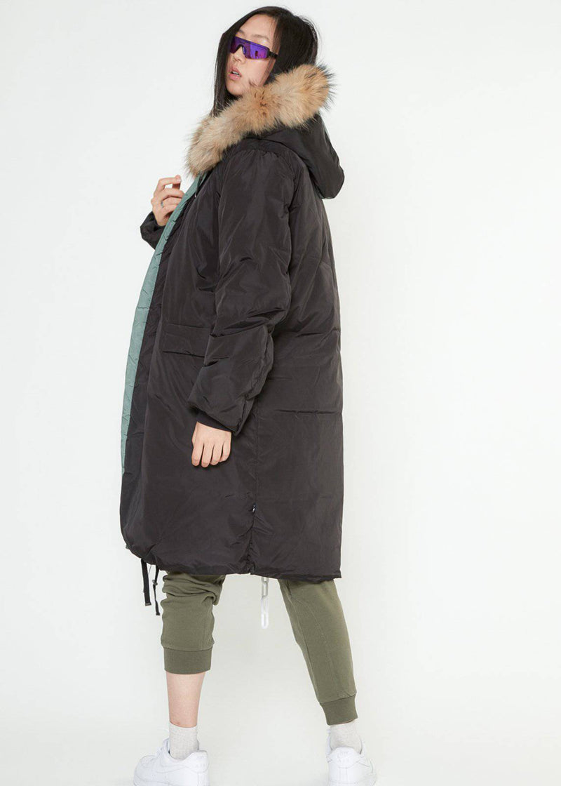 Konus Men's Long Duck Down Hooded Parka with Fur  - Black/Olive by Shop at Konus