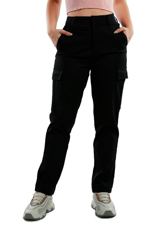 Front view of Casual High Waist Straight Pants-black