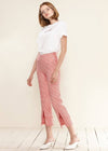 Full view of Women's Fringe Trim Slit Hem Gingham Pants