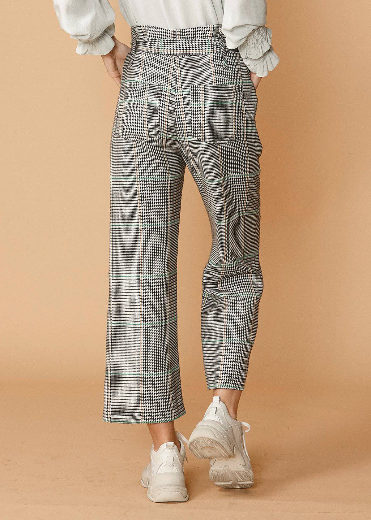 View of the back Women's Plaid Tie Waist Cropped Pants