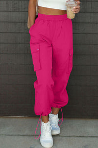 View of the pockets of Drawstring Elastic Waist Pants with Pockets-pink