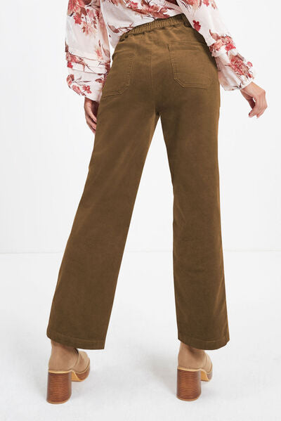 Back view of Pocketed Elastic Waist Straight Pants-camel