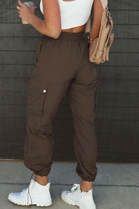 Back view of Drawstring Elastic Waist Pants with Pockets-brown