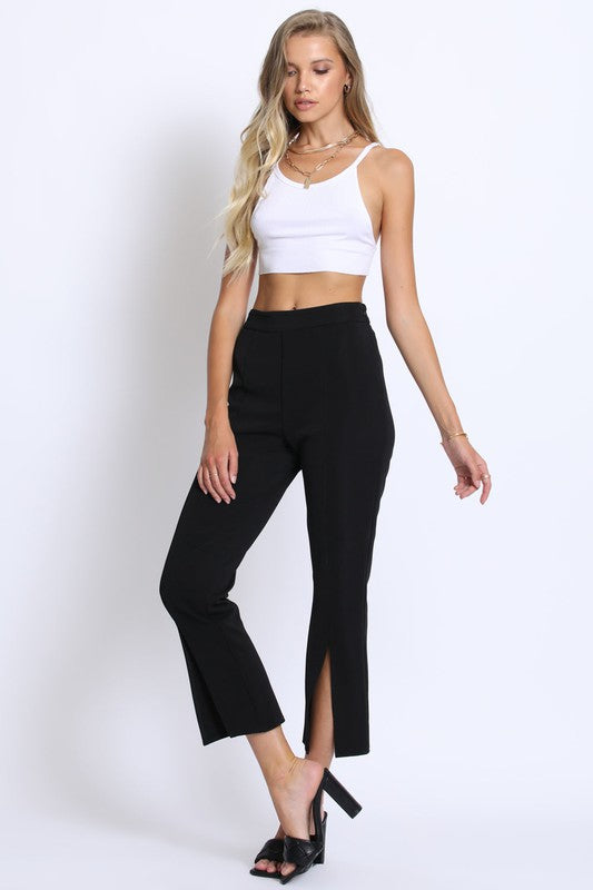 Front view of FRONT SLIT STRETCH PANTS-Black